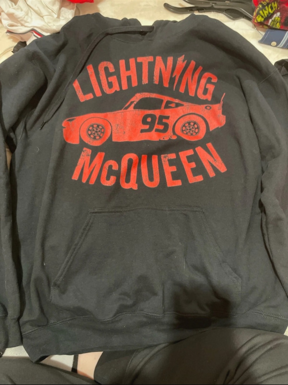 Gildan Black Hoodie with Red Lightning McQueen Graphic
